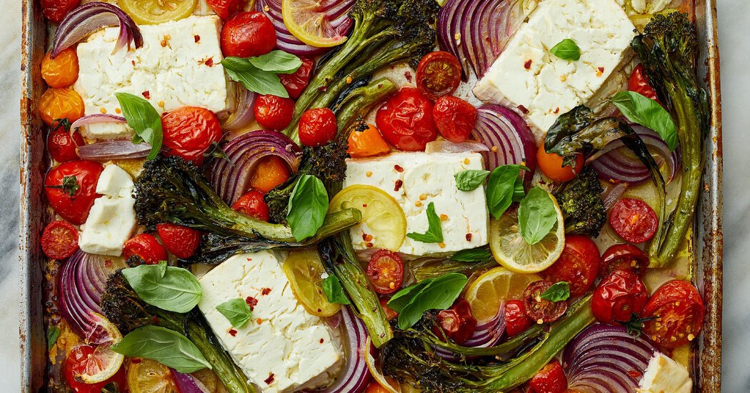 Sheet-Pan Baked Feta With Broccolini, Tomatoes and Lemon